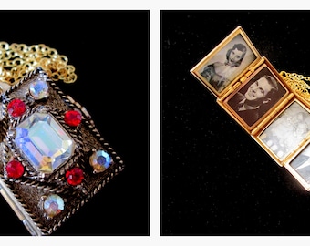 Vintage Coro 4 Picture Locket Necklace, Aurora Borealis, Red Ruby, Rubies, Gold Filled Chain, Rectangle, Antique