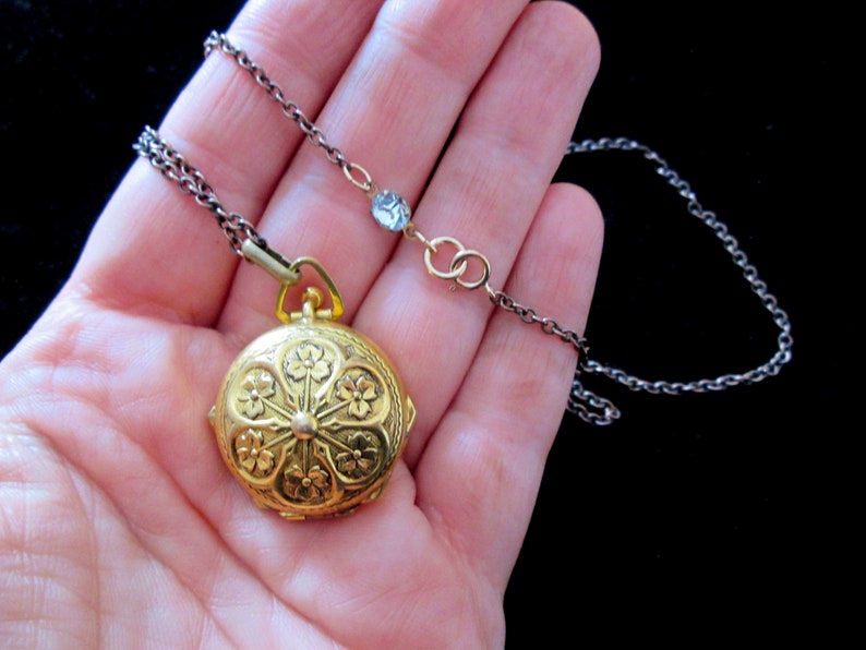 Rhinestone Clasp Victorian Antique 4 Picture Locket Necklace Hand Oxidized Chain