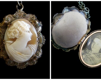 The Forbidden, Vintage Carved Cameo Locket, antique gold