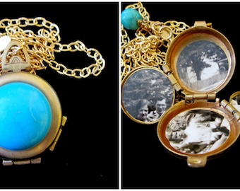 Vintage 4 Picture Locket Necklace, Turquoise and Gold