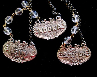 Vintage Decanter Label Necklaces, Spirits on Ice, Choose Your Poison, Asymmetrical