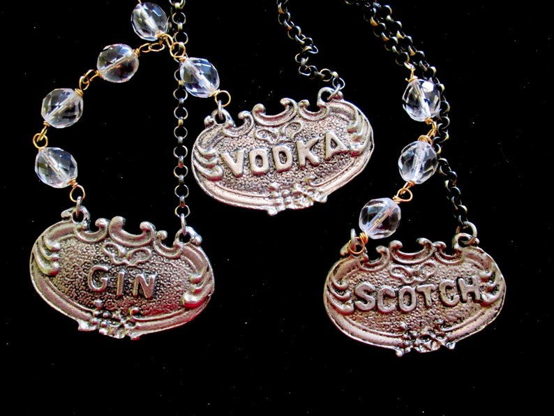 Vintage Decanter Label Necklaces, Spirits on Ice, Choose Your Poison, Asymmetrical image 1