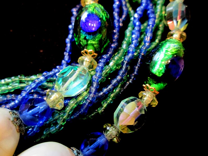 Vintage Peacock Bridal Set Clip on Earrings White Necklace Pearls Green Blue