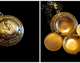 Vintage Gold Filled 4 Picture Locket Necklace, Buckle, Antique
