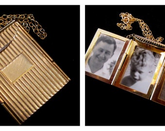 3 Picture Coro Envelope Locket Necklace, unisex, man, woman, gold, engrave, mail