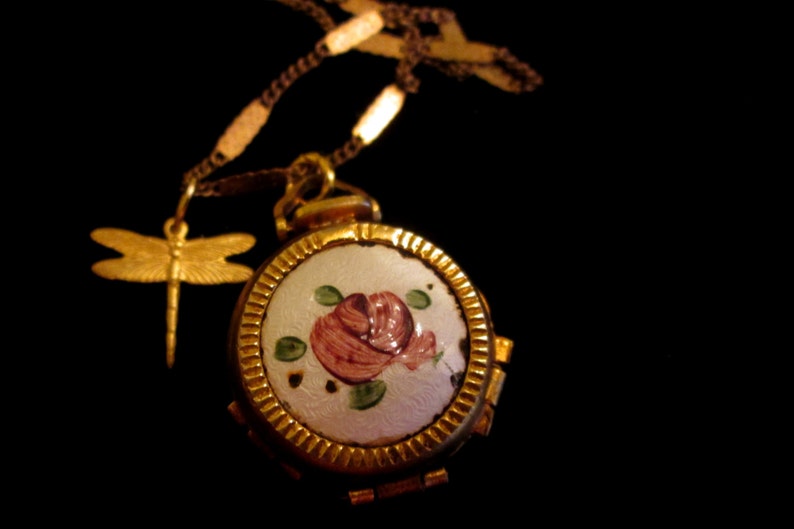 Pink Green Vintage 4 Picture Locket Necklace Gold Filled Goodbye Dragonfly Roses Enamel Guilloche