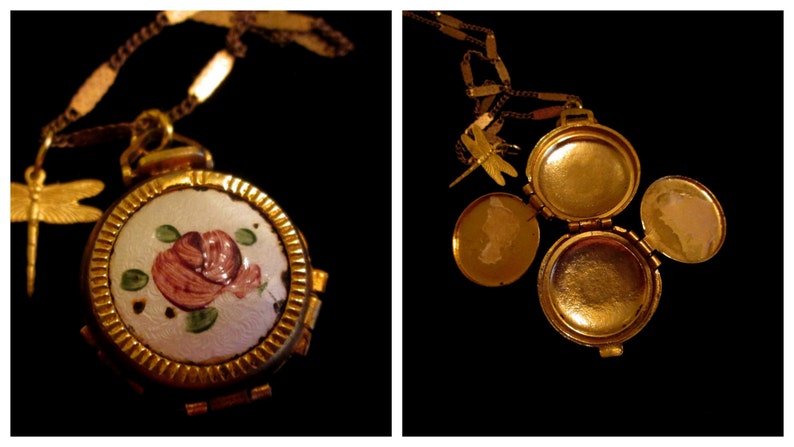 Pink Green Vintage 4 Picture Locket Necklace Gold Filled Goodbye Dragonfly Roses Enamel Guilloche
