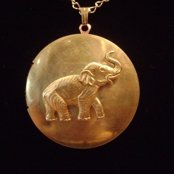 Vintage Elephant Locket Necklace, An Old Memory, Gold Brass, Antique