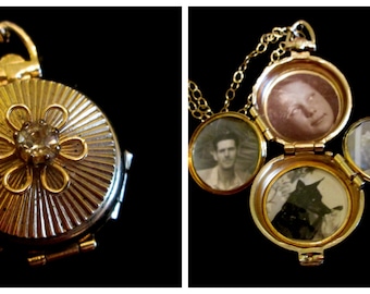 The Ribbed Daisy Vintage Coro 4 Picture Locket Necklace