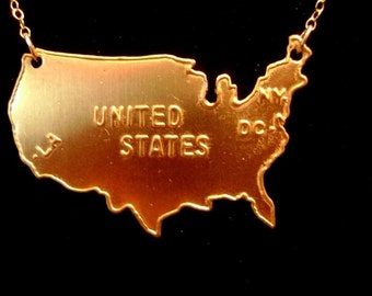 US Map Necklace in Gold, brass, United States of America, la, Los Angles, DC, District of Columbia, NY, New York