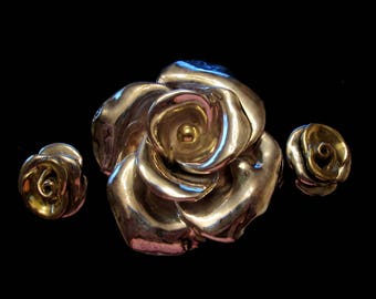 Vintage Sterling Silver Rose Brooch and Clip On Earring Demi Parure Set