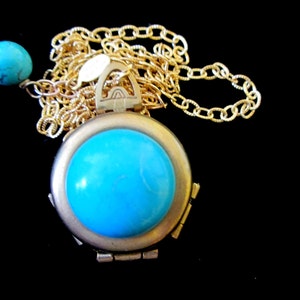 Vintage 4 Picture Locket Necklace, Turquoise and Gold