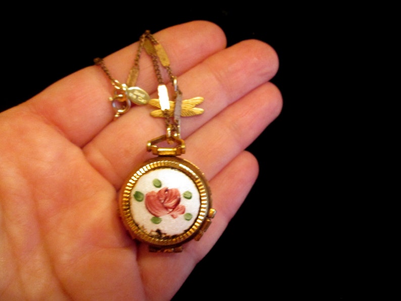 Pink Green Vintage 4 Picture Locket Necklace Gold Filled Goodbye Dragonfly Roses Enamel Guilloche