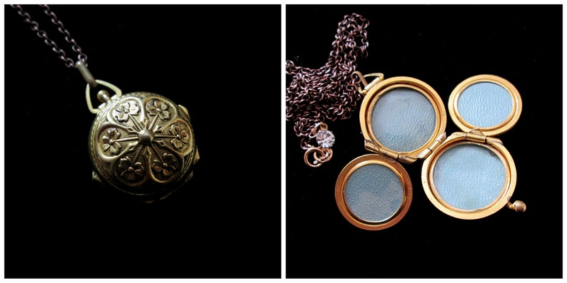 Rhinestone Clasp Victorian Antique 4 Picture Locket Necklace Hand Oxidized Chain