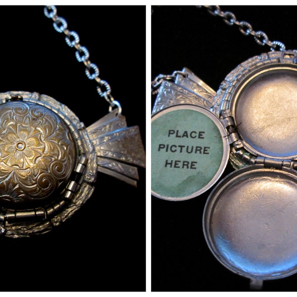 Neck Candy, Vintage 4 Picture Locket Necklace, Silver Bow Locket