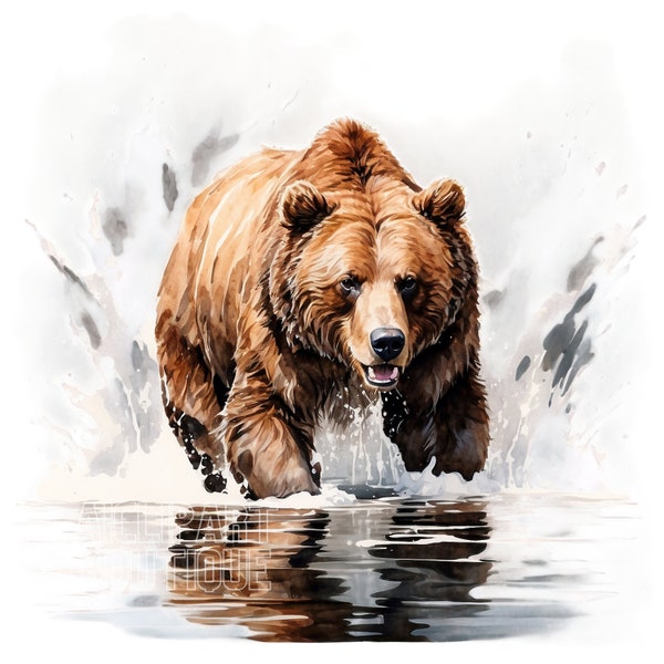 Grizzly Bear Watercolor Clipart | 10 High-Quality PNG&JPG | Wall Art | Paper Craft | Digital Prints | Digital Download
