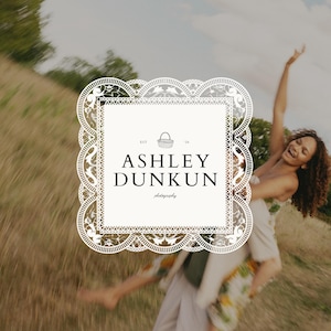 May include: A logo with a decorative border and the text "ASHLEY DUNKUN photography." The logo includes a basket illustration and the text "EST '26". The background features a blurred image of a person outdoors.