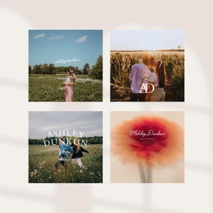 May include: Four square images with a light beige background. Each image features the text "ashley dunkun" in a cursive font. The images show outdoor photography scenes, including a couple kissing and a person in a field.