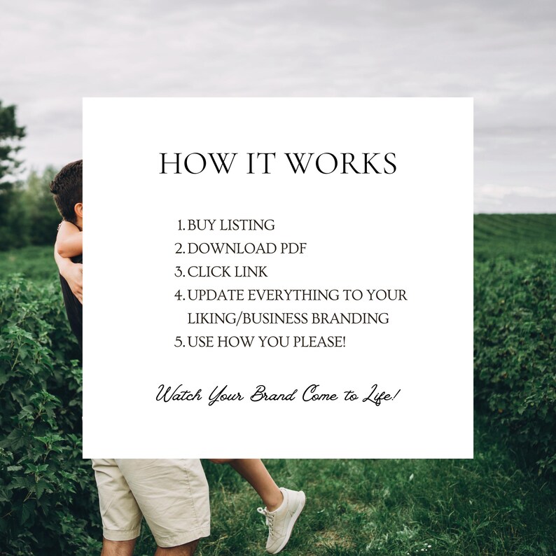 May include: A white square graphic with the text "HOW IT WORKS" and numbered steps: Buy Listing, Download PDF, Click Link, Update Everything to Your Liking/Business Branding, and Use How You Please! The phrase "Watch Your Brand Come to Life!" is also included.
