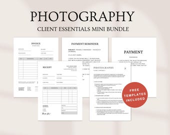 Pacchetto essenziale per il cliente di fotografia / Modello di contratto, fattura, ricevuta e carta regalo / Moduli di fotografia Canva (download digitale)