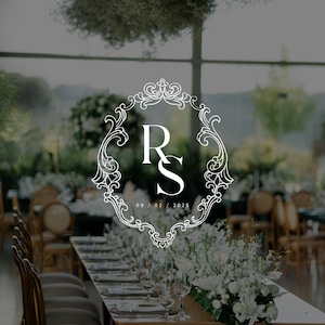 May include: Elegant wedding reception table setting with white floral arrangements and glassware. A white monogram with the letters "RS" and the date "09/02/2025" is overlaid on the image. The table is set with plates, silverware, and wine glasses.