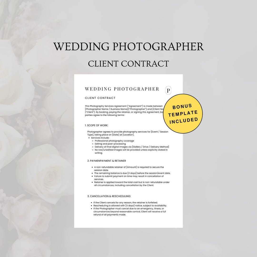 Wedding Photographer Contract Template Editable Canva Agreement