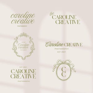 May include: A collection of olive green logos for "Caroline Creative Photography" on a cream background. The logos feature elegant typography and decorative elements, including a circular frame and a bow.