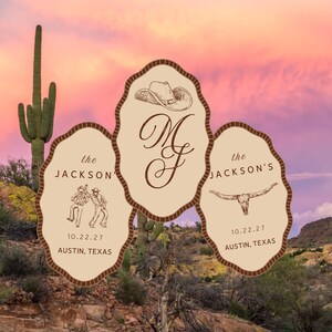 Logotipos de monogramas personalizáveis para casamentos no estilo faroeste, modelos editáveis do Canva (download digital)