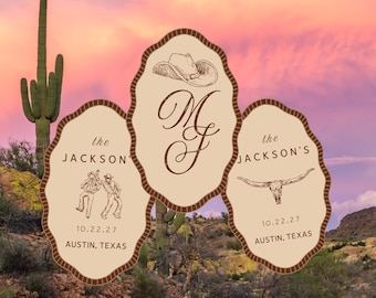 Loghi monogramma personalizzabili per matrimoni in stile western, modelli Canva modificabili (download digitale)