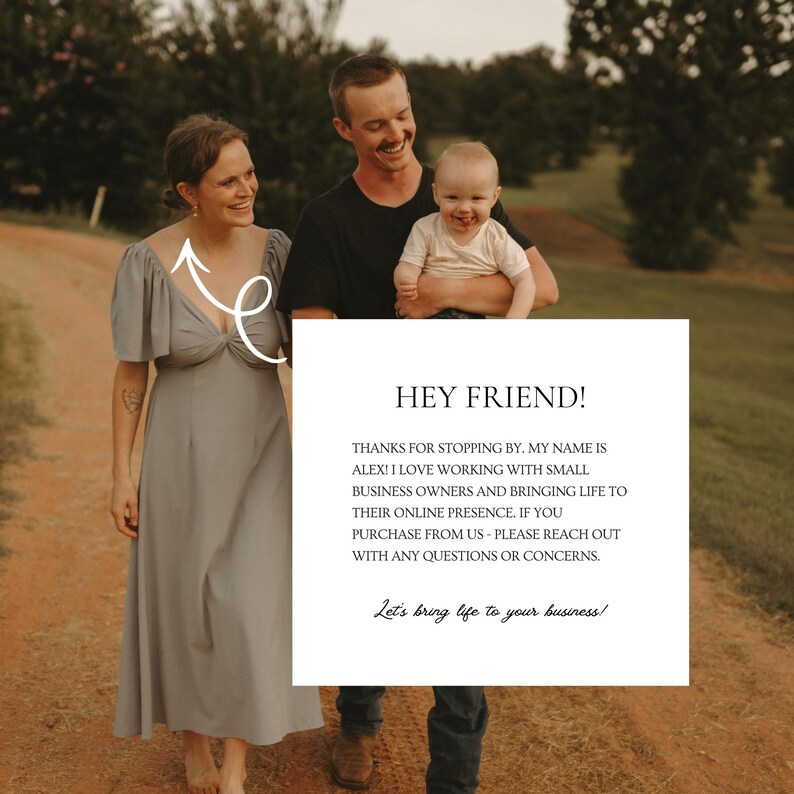 May include: A family of three smiles on a dirt path. A woman in a gray dress and a man holding a baby are in the image. Text on a white square reads "HEY FRIEND!" and a message about online presence.
