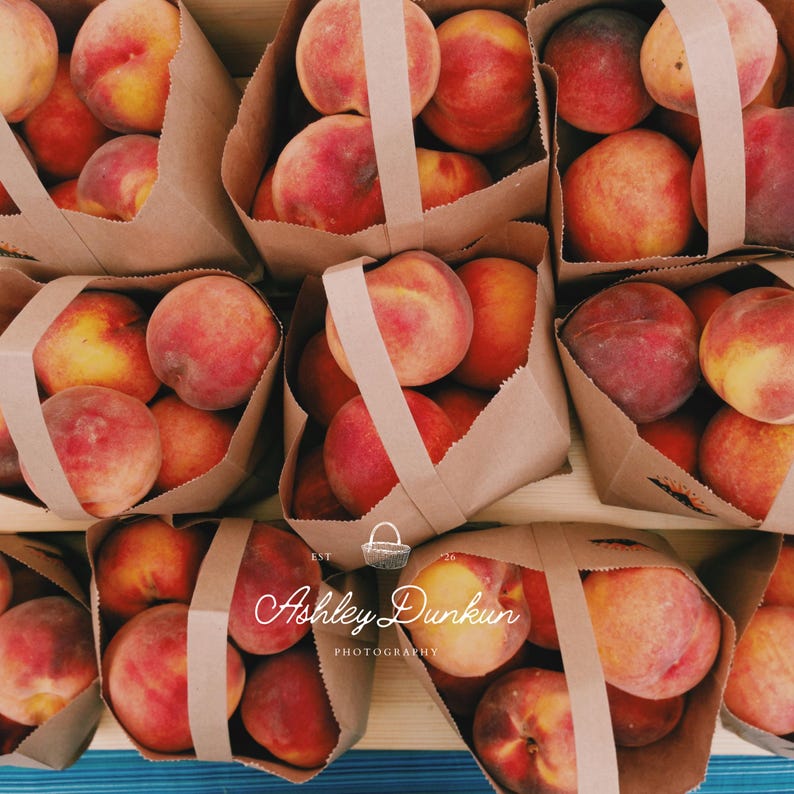May include: Close-up of several brown paper bags filled with ripe peaches. The peaches are a mix of red, orange, and yellow hues. Each bag has a white paper handle. The image includes the text "Ashley Dunkun Photography".