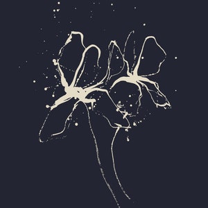 May include: A white ink splatter design of a flower on a dark blue background.