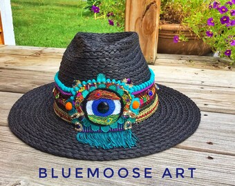 CRUISE WEAR The Eyes have it Cool Straw Hat by Bluemoose Art