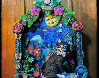 Tuxedo Cat Mixed Media Diorama by Bluemoose Art