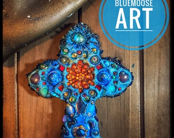 Mixed Media Cross by Bluemoose ART Blue Dream