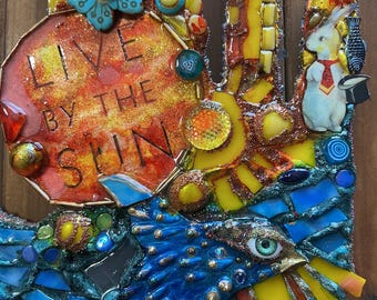 Bead Mosaic Hand Art: Live by the Sun, Bird, Sun Inspired Wall Decor