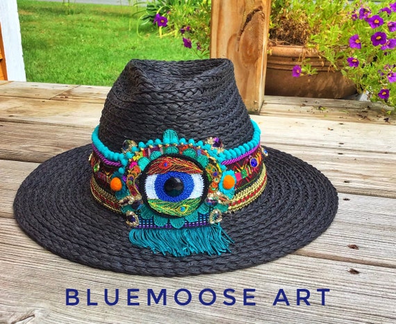 New- Evil Eye Embroidered Beads Straw Hat Hand embroidered hat with evil eye decoration / straw hat  main image 2