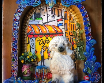 Le Cafe Poodle Mixed Media Diorama/Shadowbox by Bluemoose Art