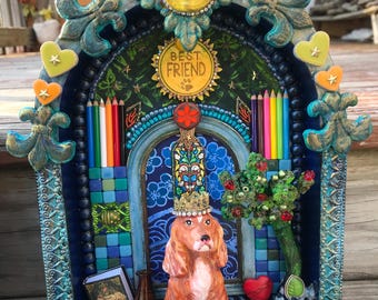 Dog Diorama Shadowbox: King Charles Spaniel Art, Best Friends mixed media