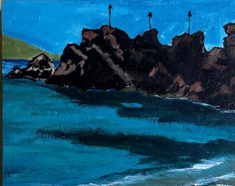 Black Rock, Maui.   8"x8" acrylic on cradled wood. - en plein air - Original Landscape Acrylic Painting