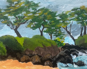 Maluaka Beach, Maui.  12”x6” acrylic On cradled wood- en plein air - Original Landscape Acrylic Painting