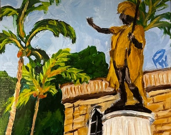 King Kamehameha, Oahu.  6”x6”acrylic On cradled wood- en plein air - Original Landscape Acrylic Painting