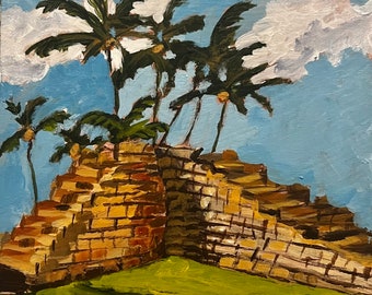 Lahaina Fort, Maui.  6”x6” acrylic On cradled wood- en plein air - Original Landscape Acrylic Painting
