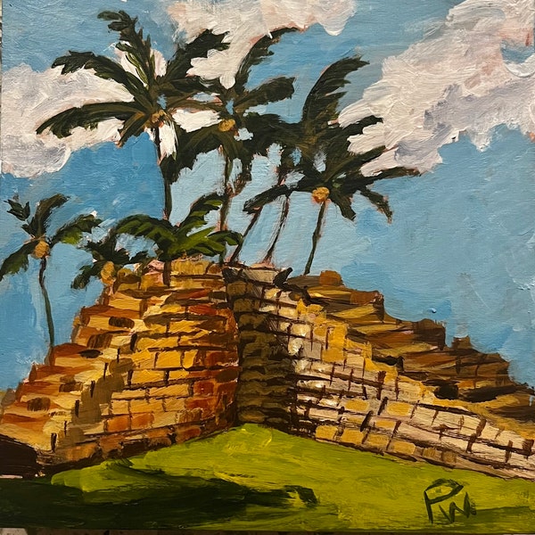 Lahaina Fort, Maui.  6”x6” acrylic On cradled wood- en plein air - Original Landscape Acrylic Painting