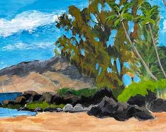 Charlie Young Beach, Maui.  6”x12” acrylic On cradled wood- en plein air - Original Landscape Acrylic Painting