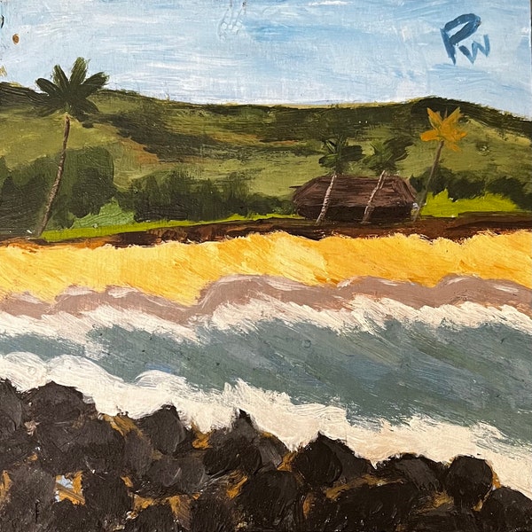 popohaku Beach, Molokai  6”x6" acrylic on cradled wood. - en plein air - Original Seascape Acrylic Painting