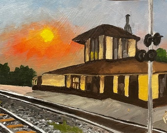 Gettysburg-Harrisburg Train Station, Gettysburg, PA .  9”X6” ”acrylic On paper- en plein air - Original Landscape Acrylic Painting