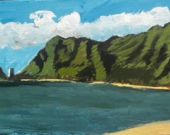 Ma’ili Beach, Oahu.  6”x12” acrylic On cradled wood- en plein air - Original Landscape Acrylic Painting