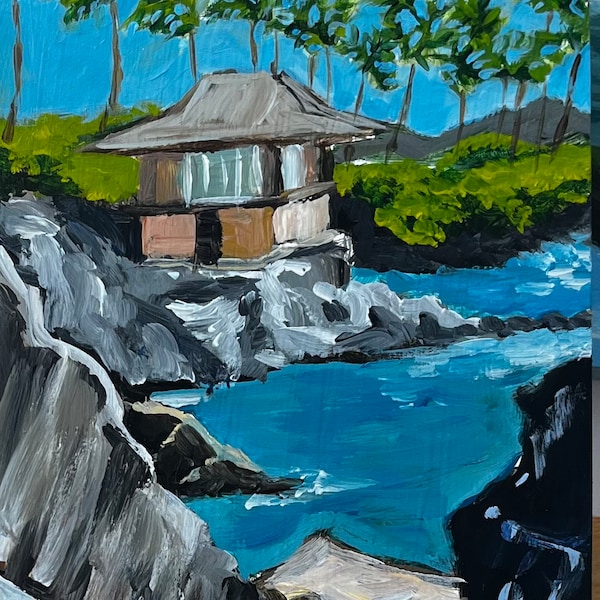 Cliff House, Maui.  6”x12” acrylic On cradled wood- en plein air - Original Landscape Acrylic Painting