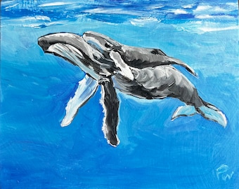 Humpback whales, Maui.   8”x10” acrylic on canvas. - en plein air - Original Seascape Acrylic Painting
